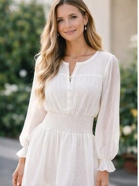 White House Black Market Cream Textured Smocked Waist Long Sleeve Dress NWT